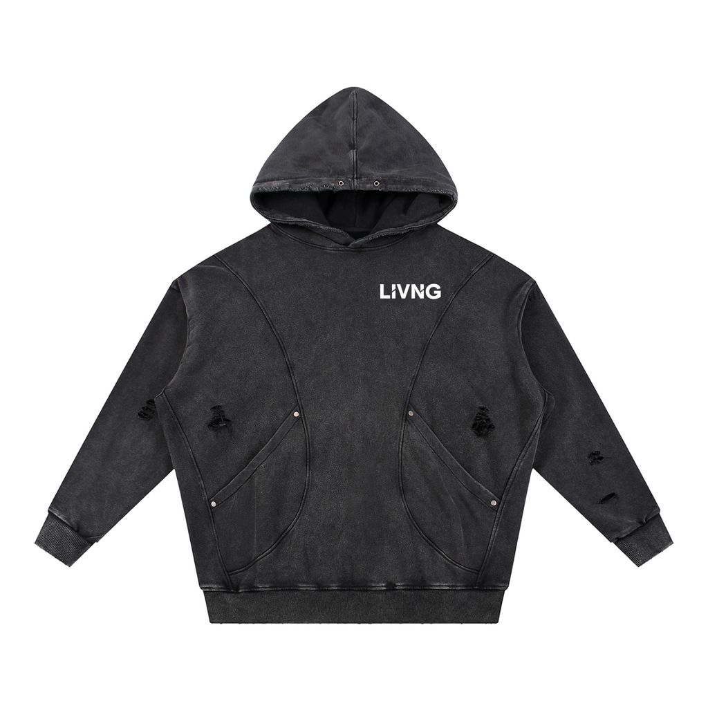 Snow Washed Distressed Panel Pocket Hoodie